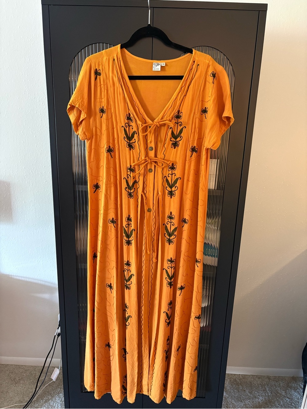 Unique India Orange Midi Embroidered Dress with Ties - Size M